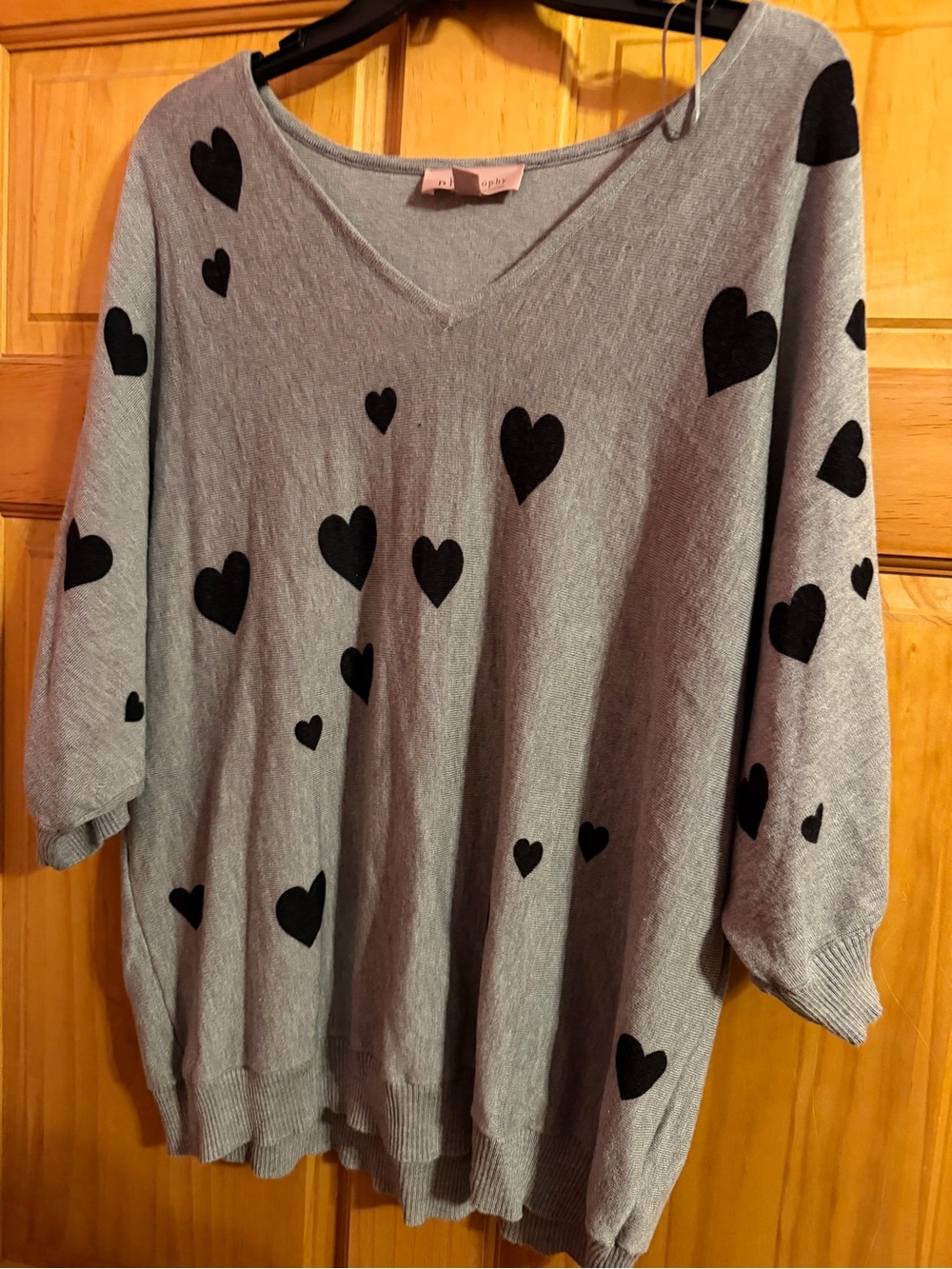 Philosophy Gray V-Neck Sweater with Black Heart Motif
